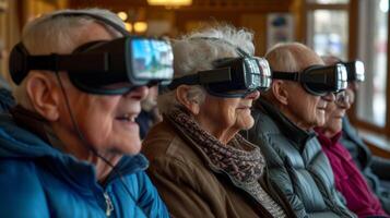 A group of seniors chatting excitedly about the virtual tour they just experienced commenting on the stunning virtual reality technology photo