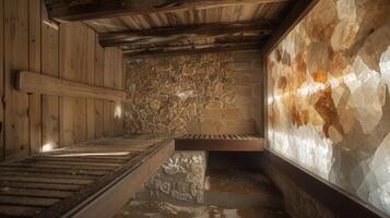 A sauna with a salt wall believed to have healing properties and used in alternative medicine practices to treat respiratory and skin conditions. photo