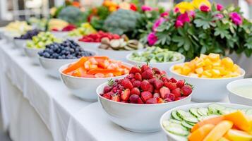 A table lined with bowls of chopped fruits and veggies offering a variety of options for guests to add into their smoothies photo