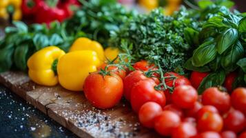 A colorful array of fresh produce and herbs laid out on a wooden ting board ready to be utilized in the cooking class photo