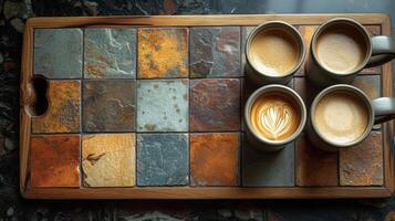 A topdown image of a tiled kitchen countertop with a freshly applied layer of grout shining between each tile and adding a touch of sophistication to the space photo