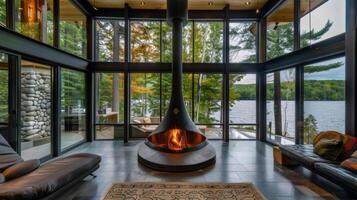 Surrounded by a wall of large windows this contemporary fireplace makes a statement with its unique shape and striking metal features providing the perfect balance between 2d flat cartoon photo