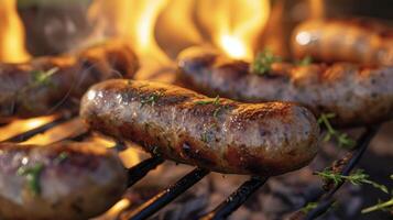 el parrilla es viva con llamas como estos negrita y y salchichas chisporrotear y carbonizarse a perfección. el calor es irresistible y será salir usted falto más foto