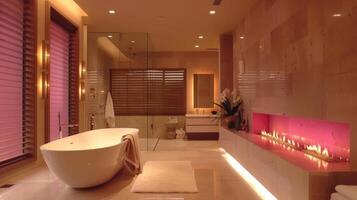un lujoso baño caracteristicas un maravilloso hogar con un personalizable fuego en un sutil sombra de rosado. 2d plano dibujos animados foto