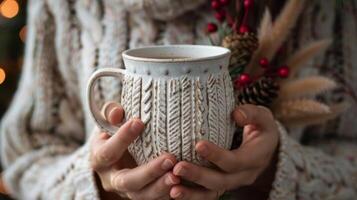 A handthrown ceramic mug with a cozy knitted sweater texture perfect for keeping warm drinks toasty during chilly holiday nights. photo