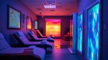 A stateoftheart sound and light therapy room using music and different colored lights to create a calming and restorative experience. photo