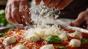 A closeup of hands sprinkling freshly grated mozzarella cheese on top of the sauce the cheese beginning to melt in the heat photo