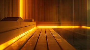 A sauna session with dim lights and soft music playing in the background creating a calming and tranquil atmosphere that can help to alleviate fatigue and restore inner balance. photo