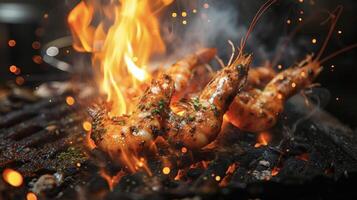 Freshly caught shrimp are given a fiery makeover as they are expertly skewered and p over hot coals. Flames dance around the shrimp infusing them with a hint of smokines photo