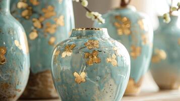 A series of ceramic vases decorated with gold leaf accents adding a touch of luxury and sophistication. photo