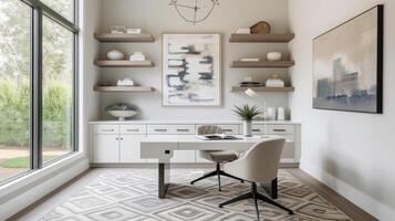 A minimalist home office with a sleek and modern design. A white desk and chair are paired with a geometric rug and shelves above the desk hold neatly organized office supplies photo