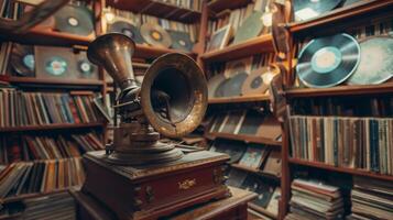 An antique gramophone surrounded by shelves of vinyl records awaiting their turn to be played photo