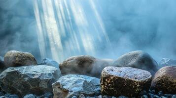 Steam rising from heated rocks creates a serene and comforting atmosphere for the person seeking stress relief. photo