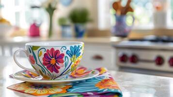 un de cerca de un pintado a mano cerámico s descanso en vibrante floral patrones agregando un popular de color a un neutral cocina. foto