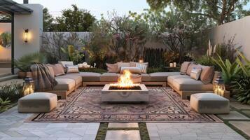 A lowprofile fire pit sits in the center of a chic outdoor lounge area complete with comfortable seating a stylish rug and lanterns for additional lighting. 2d flat cartoon photo