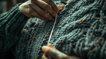 un de cerca Disparo de un suéter siendo de punto con lujoso diseñador hilos exhibiendo el intrincado cable y cordón patrones siendo creado foto