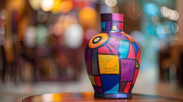 A ceramic vase painted with a bold and abstract design featuring a combination of vibrant colors and geometric shapes. photo