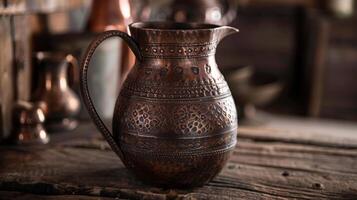 A rustic pitcher adorned with intricate etchings ideal for pouring and serving refreshing drinks. photo
