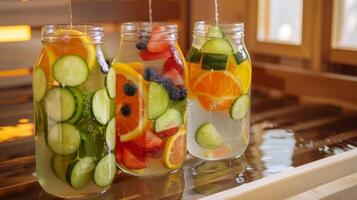 A colorful assortment of fruitinfused water waiting to be enjoyed while sweating out toxins in the infrared sauna. photo