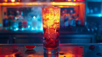 el Mocktail para el acción película es servido en un alto vaso con un ardiente rojo color reflejando el intenso escenas jugando fuera en el pantalla foto