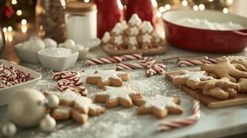 un cocina mostrador bullicioso con ingredientes y temática navideña Galleta ters como un grupo hornea y decora trata para el próximo festividades foto