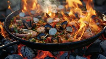 A striking image of a colorful and aromatic paella cooked with a variety of fresh seafood and veggies over hot coals. The flames seem to dance with excitement as they wor photo