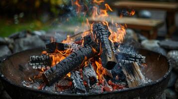 el olor de ahumado madera relleno el aire complementando el chicharrón de el fuego fosa. 2d plano dibujos animados foto