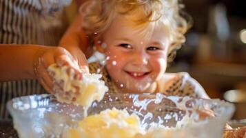 el alegría en un niños cara como ellos ayuda remover el jabón mezcla aprendizaje el arte desde su padre foto