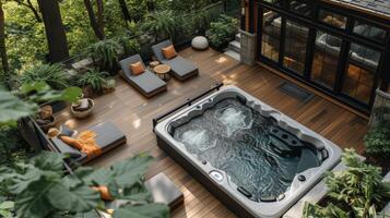 A birds eye view of a spacious backyard deck with a builtin hot tub and plenty of room for lounging and entertaining in the sun photo