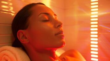 The infrared heat from the sauna coing a persons body providing a theutic and rejuvenating escape from the discomfort of migraines. photo