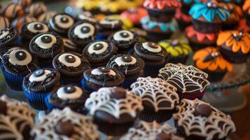 A table is filled with treats such as mummywrapped oreos monster eye cupcakes and spider web cookies photo