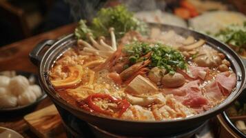 A flaming hot pot that packs a punch with its fiery sauce and mouthwatering ingredients creating a tantalizing display of heat and flavor photo