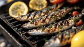 crujiente y carbonizado en el fuera de oferta y escamoso en el dentro Español A la parrilla sardinas son un Agua en la boca tratar para Mariscos amantes foto