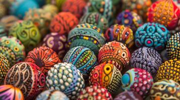 A series of handcrafted beads made from a combination of colorful threads and ceramic pieces showcasing the skill and intricacy of clay and fiber art. photo