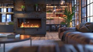 Step into this modern industrialstyle loft and be greeted by a remotecontrolled fireplace its flame illuminating the room with a soft glow. 2d flat cartoon photo