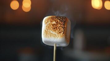 A lone marshmallow sits suspended on the end of a stick slowly rotating and turning a lovely caramel color photo