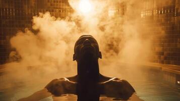 como el vapor remolinos alrededor ellos un persona toma el hora en el sauna a práctica profundo respiración y atención plena ejercicios para mental claridad. foto