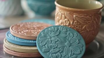 A tutorial on how to create embossed coasters using inexpensive materials and household items. photo