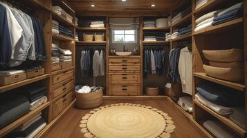 A view of a custom shelving unit in a walkin closet showcasing its clever use of space with a combination of hanging rods drawers and open shelves for maximum organization photo