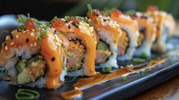 Get ready for a fiery and flavorful adventure with these flaming sushi rolls. Filled with a fiery blend of tuna jalapeno and a touch of sriracha each bite will leave you cravin photo
