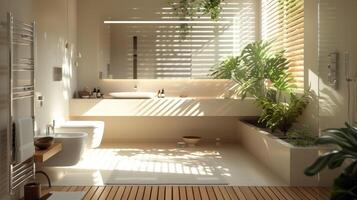 un minimalista baño con un monocromo color esquema y un flotante estante vanidad destacando un cromo agarrar bar siguiente a el para adicional paz de mente foto