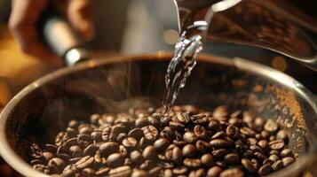 A barista carefully pours hot water over a bed of freshly ground coffee beans creating a rich and aromatic brew photo