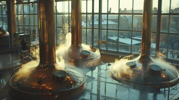 Visitors observe the brewing process through large windows watching as vats of nonalcoholic beer bubble and steam photo