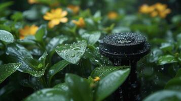An upclose shot of a sensorbased smart sprinkler head in action showcasing its ability to detect rainfall and adjust watering accordingly photo