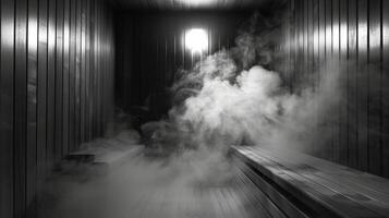 vapor emanando desde el sauna simbolizando el cuerpos sudor glándulas trabajando a lanzamiento toxinas foto