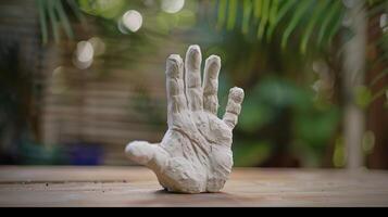A molded clay handprint created using a homemade moldmaking tool made from a plastic container and molding material. photo