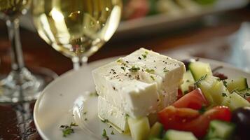 A plate of soft tangy feta cheese is paired with a crisp fruity white nonalcoholic wine creating the perfect balance of flavors photo