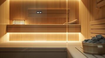 A minimalist sauna interior with a monochromatic color scheme and customizable digital controls for a personalized relaxation experience. photo