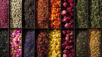 A tempting display of various teas from floral blends to robust black teas all carefully handselected for the ultimate tea room experience photo