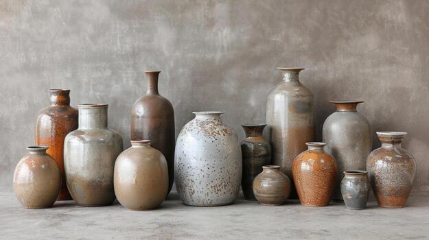 un colección de floreros en diferente formas y tamaños todas presentando un crepitaba vidriar en terroso tonos dando ellos un antiguo y rústico sentir. foto